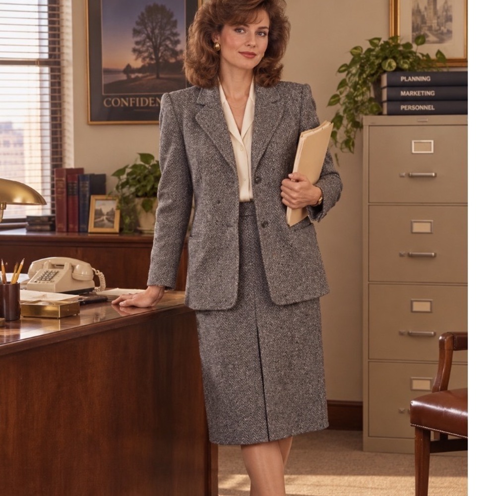 Halston III Vintage Gray Herringbone Wool Skirt Suit Set Blazer Midi Skirt 10